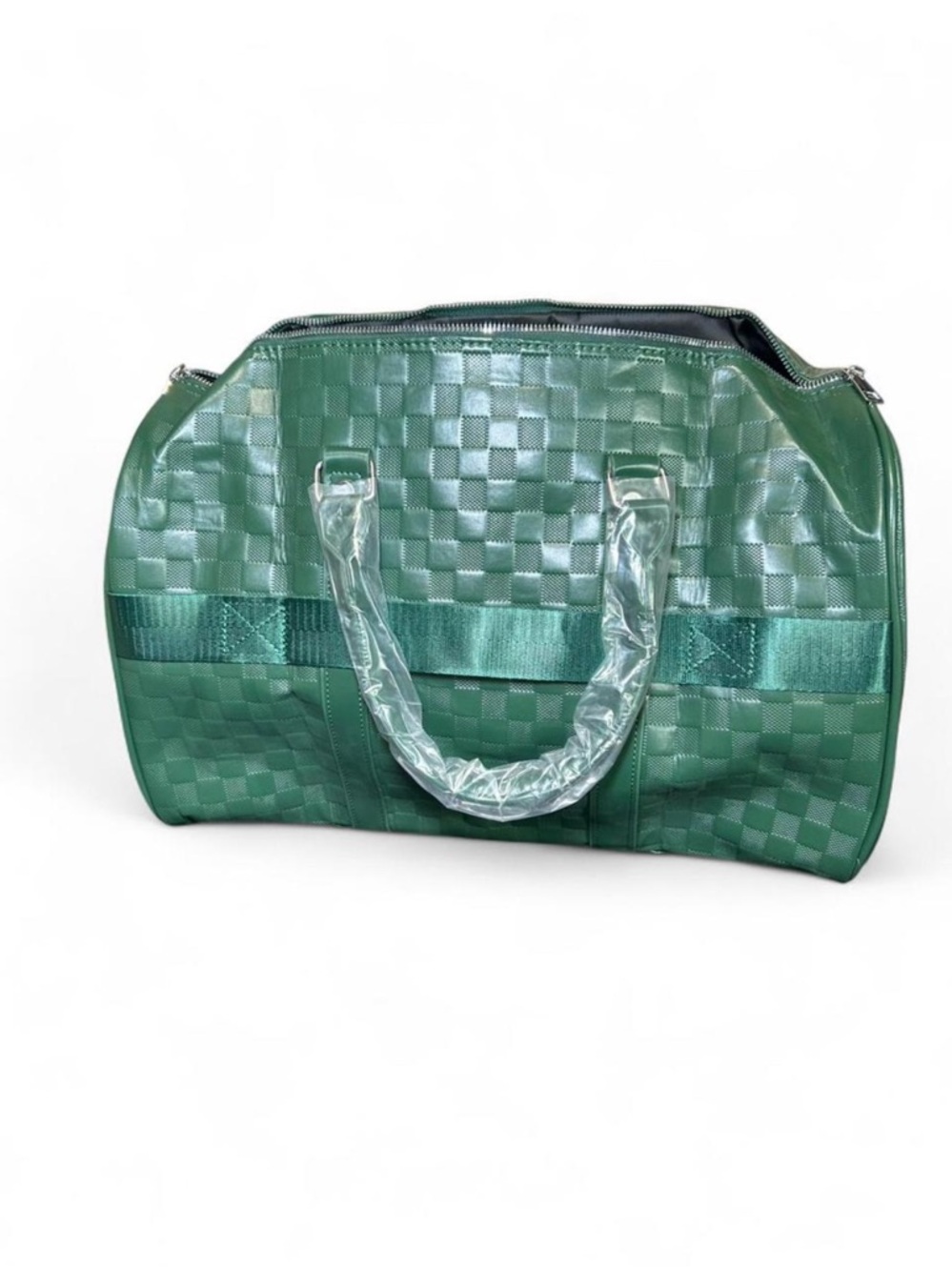 Essential Fashion Travel Green Checkered Duffle Bag PU Leather - Brand New